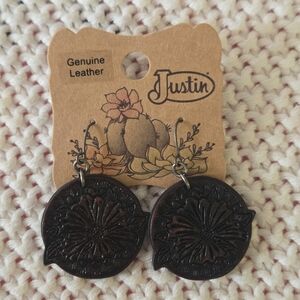 NEW Justin Genuine‎ Leather Embossed Round Earrings Tooled Brown Western Boho